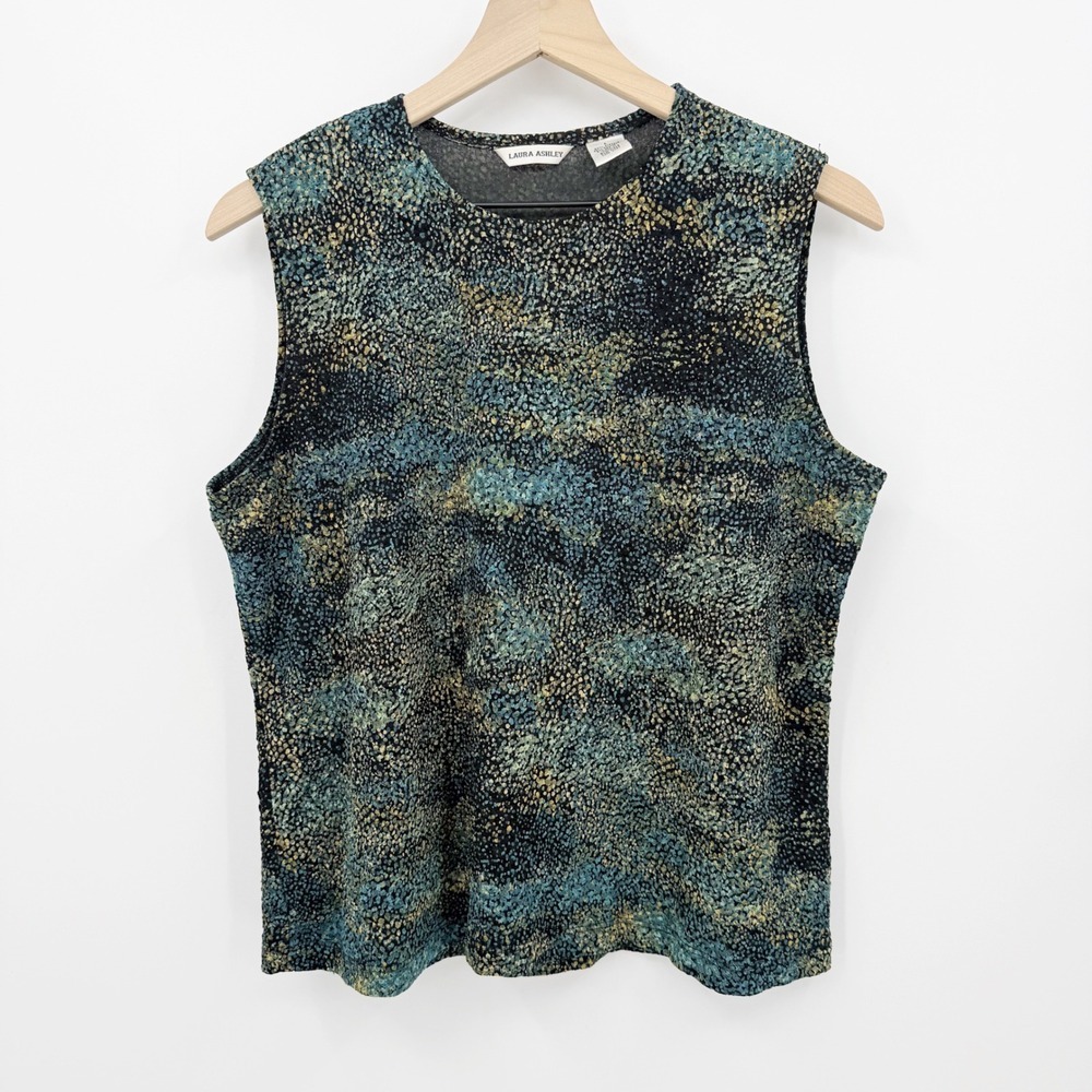 Laura Ashley Sleeveless Knit Top Abstract Pointillist Teal Gold L Artsy Modern